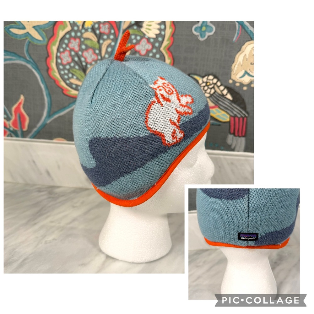 Patagonia Baby Polar Bear Reversible Beanie Hat Blue Orange Fleece Lined 12M